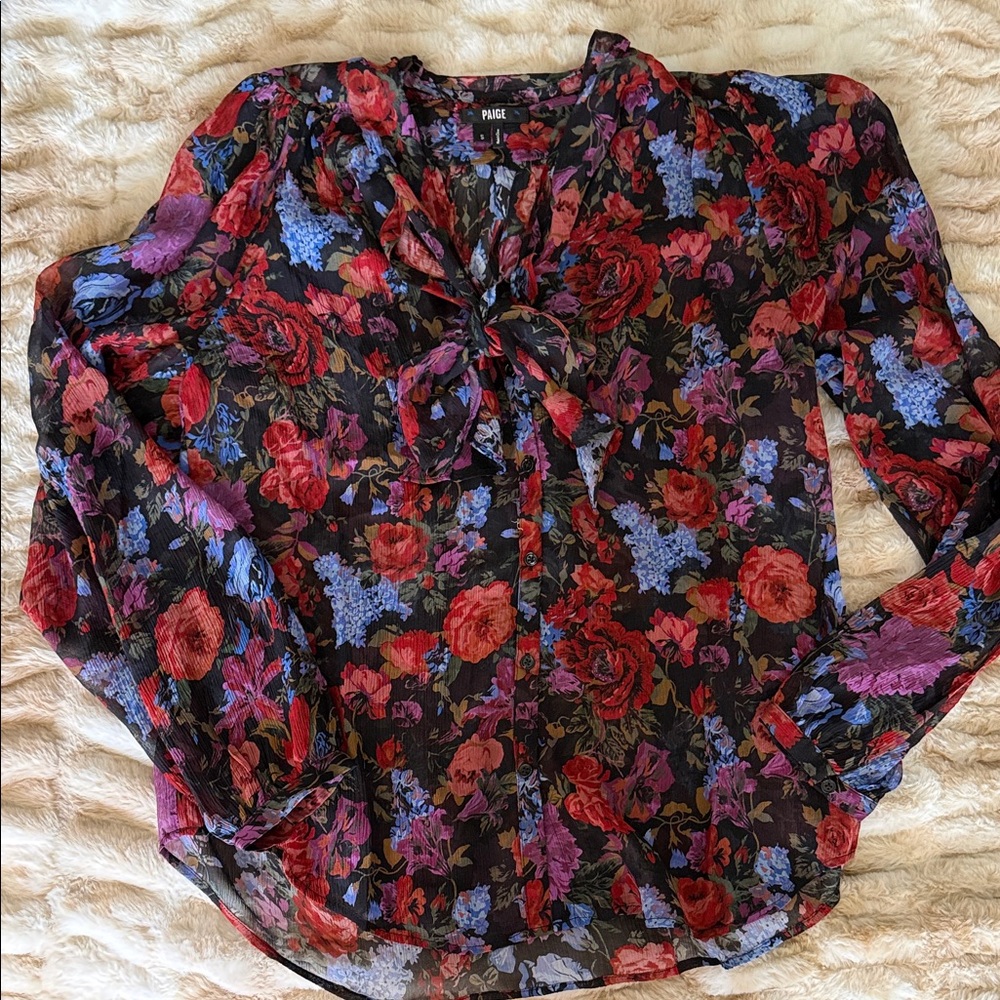 PAIGE Black Sheer Floral Tie-Neck Blouse